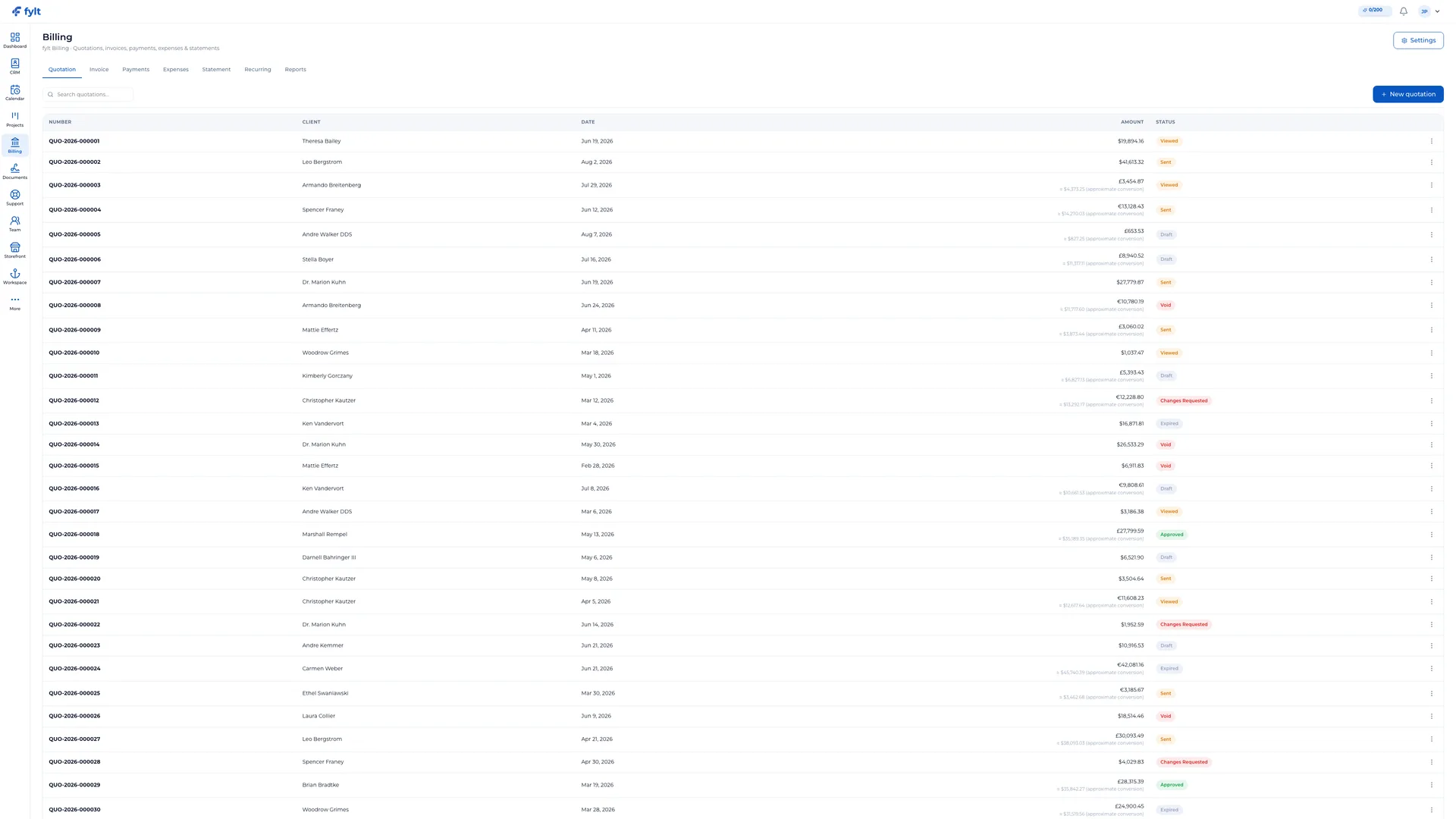 fylt Billing — Invoicing & Billing screenshot showing create a professional path from quotation to paid invoice