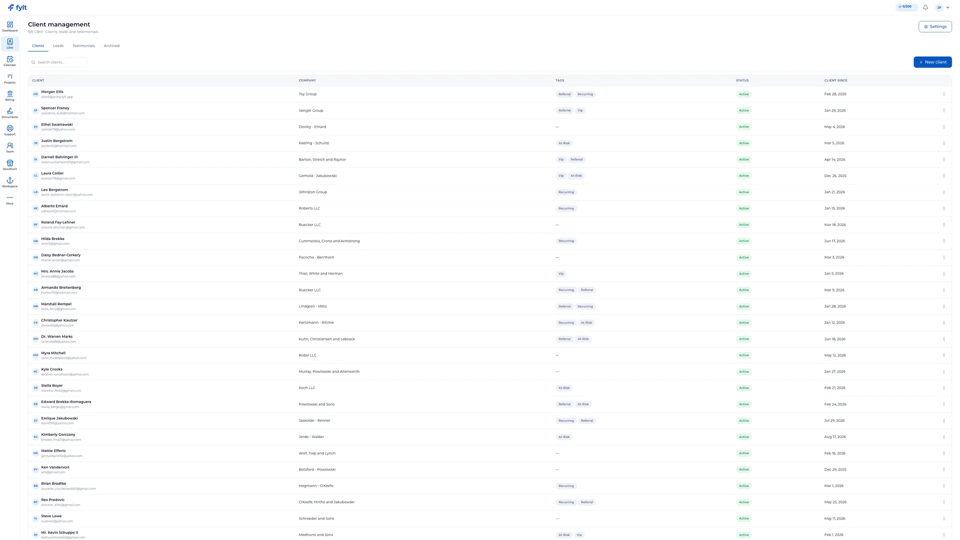 fylt CRM — Client CRM screenshot showing build informed, personal client relationships with a centralized crm hub