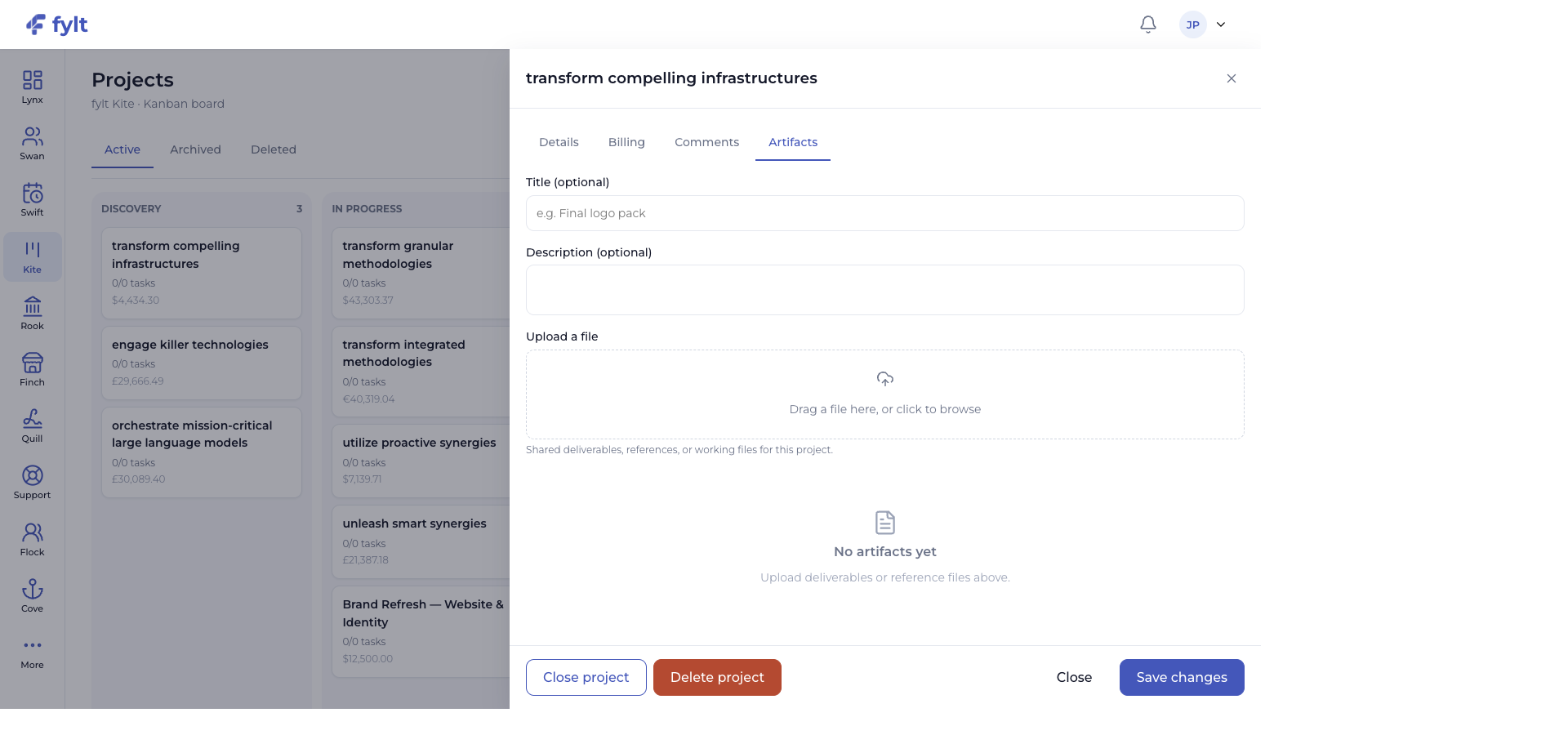 fylt Kite project Artifacts tab with title, description, and file upload controls