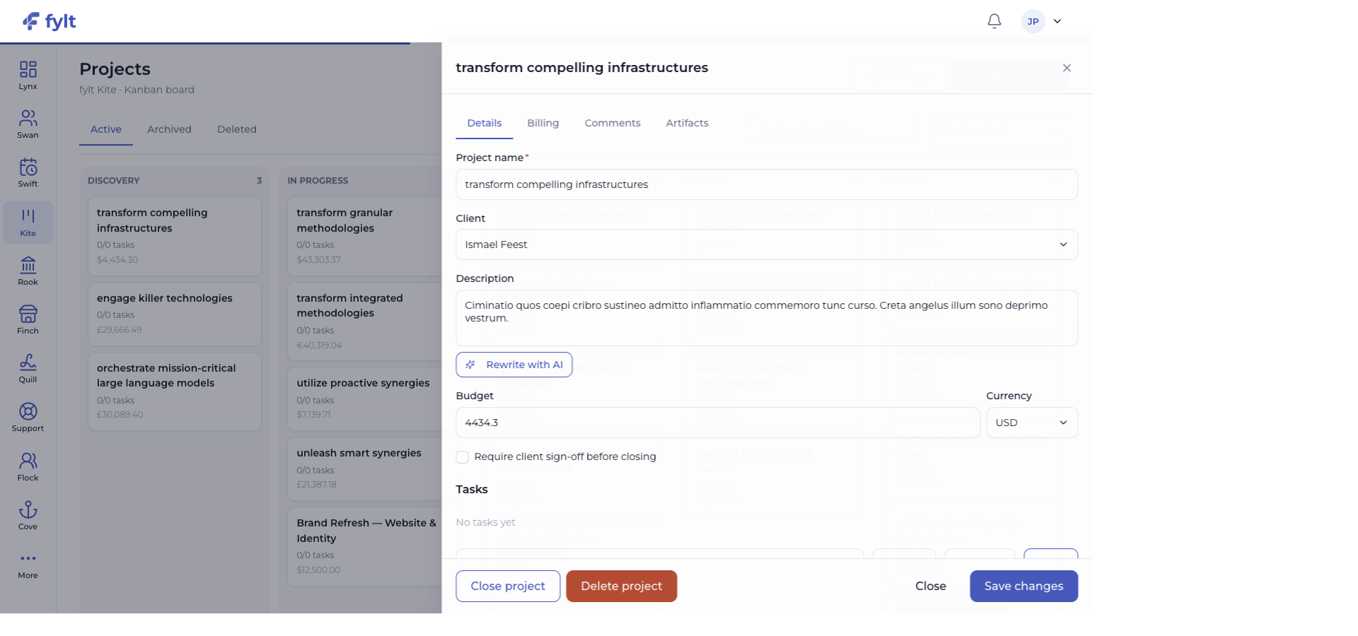 fylt Kite project drawer showing project details, tasks, milestones, budget, client, and AI rewrite action