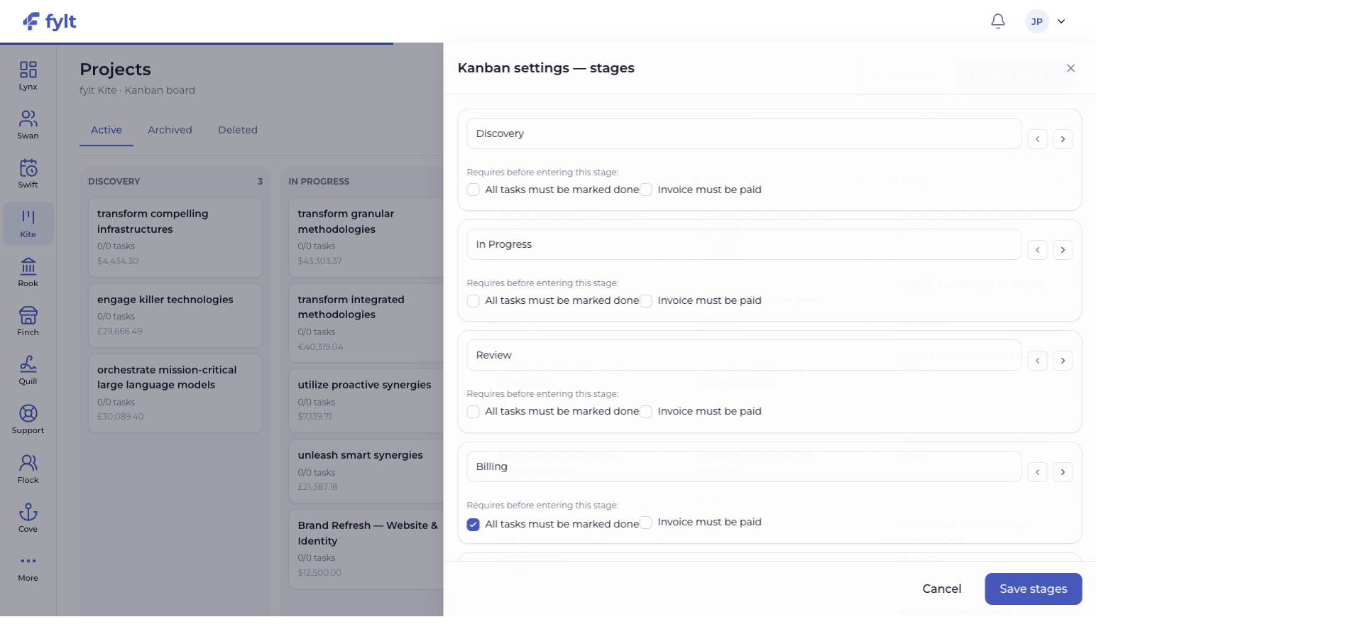 fylt Kite Kanban settings showing configurable stages and completion requirements