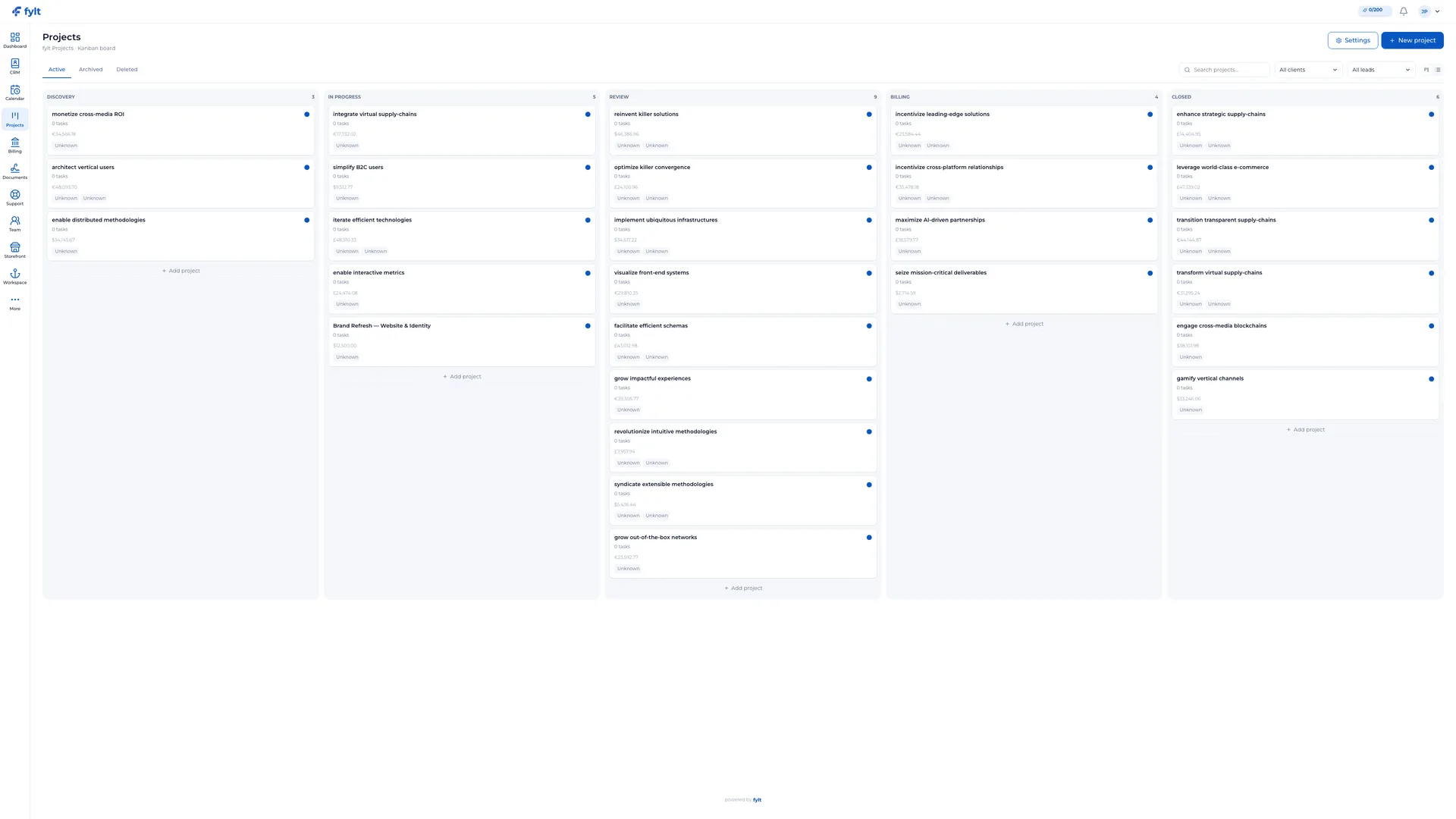 fylt Projects — Project Pipelines screenshot showing turn agreed scope into clear, visual progress on a drag-and-drop board