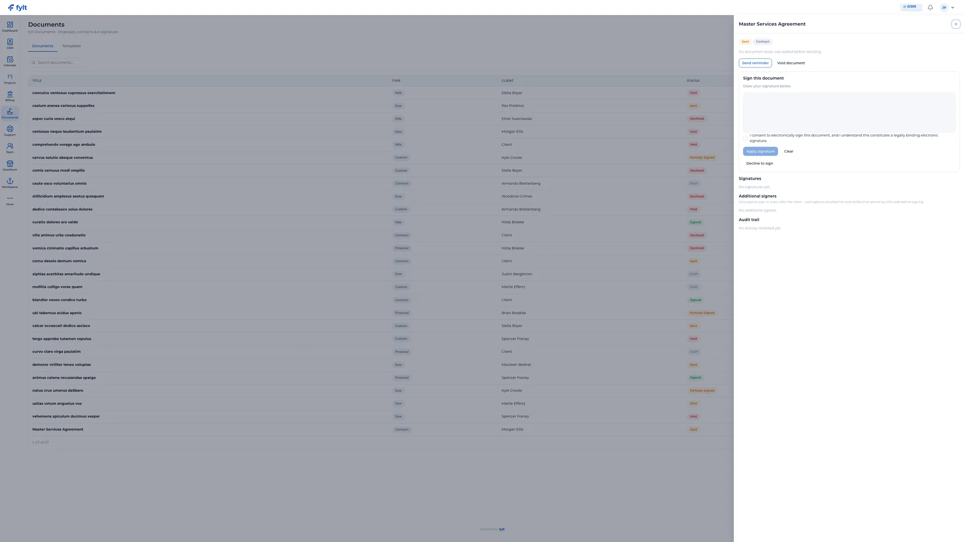 fylt Documents signed document detail with final PDF download, signatures, and audit trail