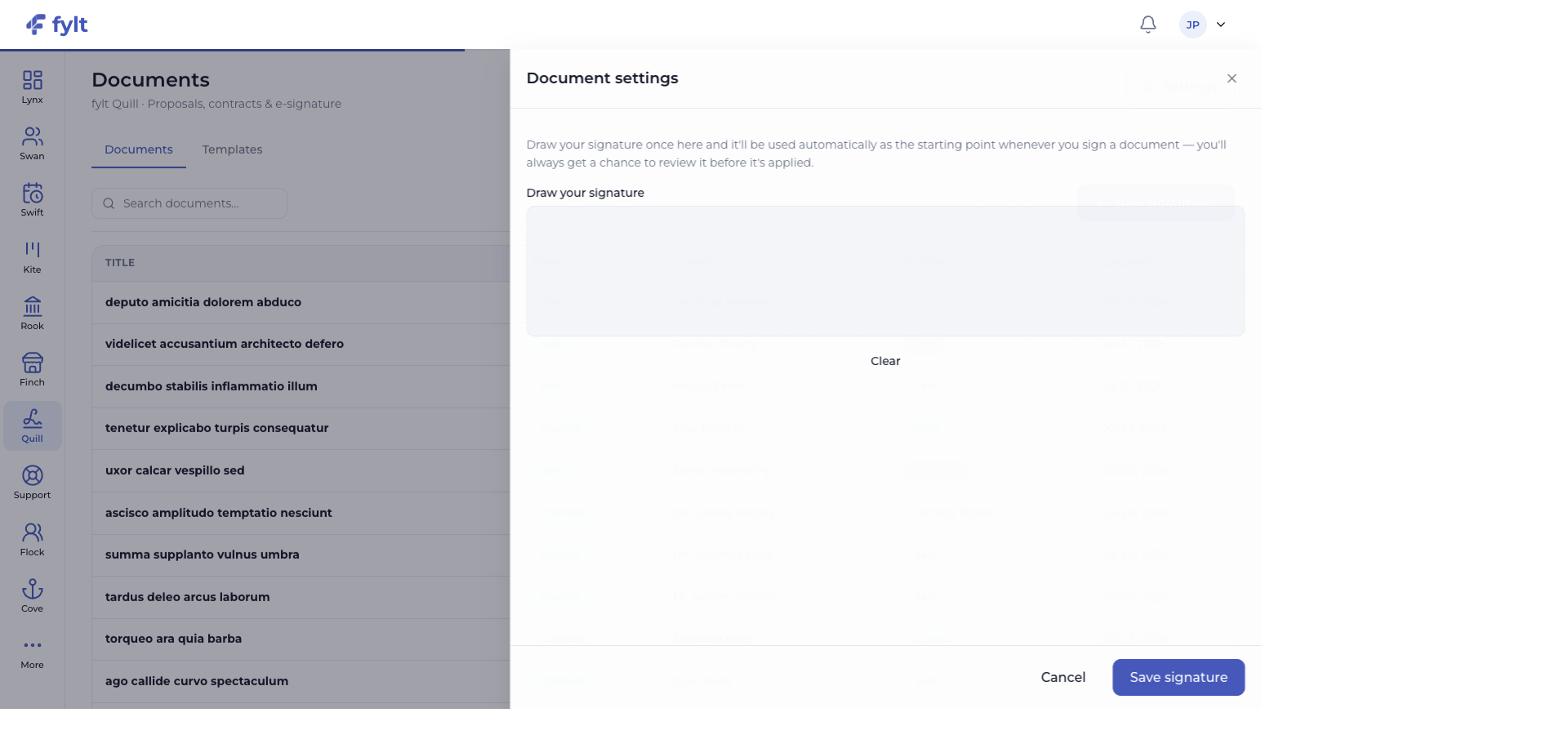 fylt Quill document settings drawer with a default signature drawing area