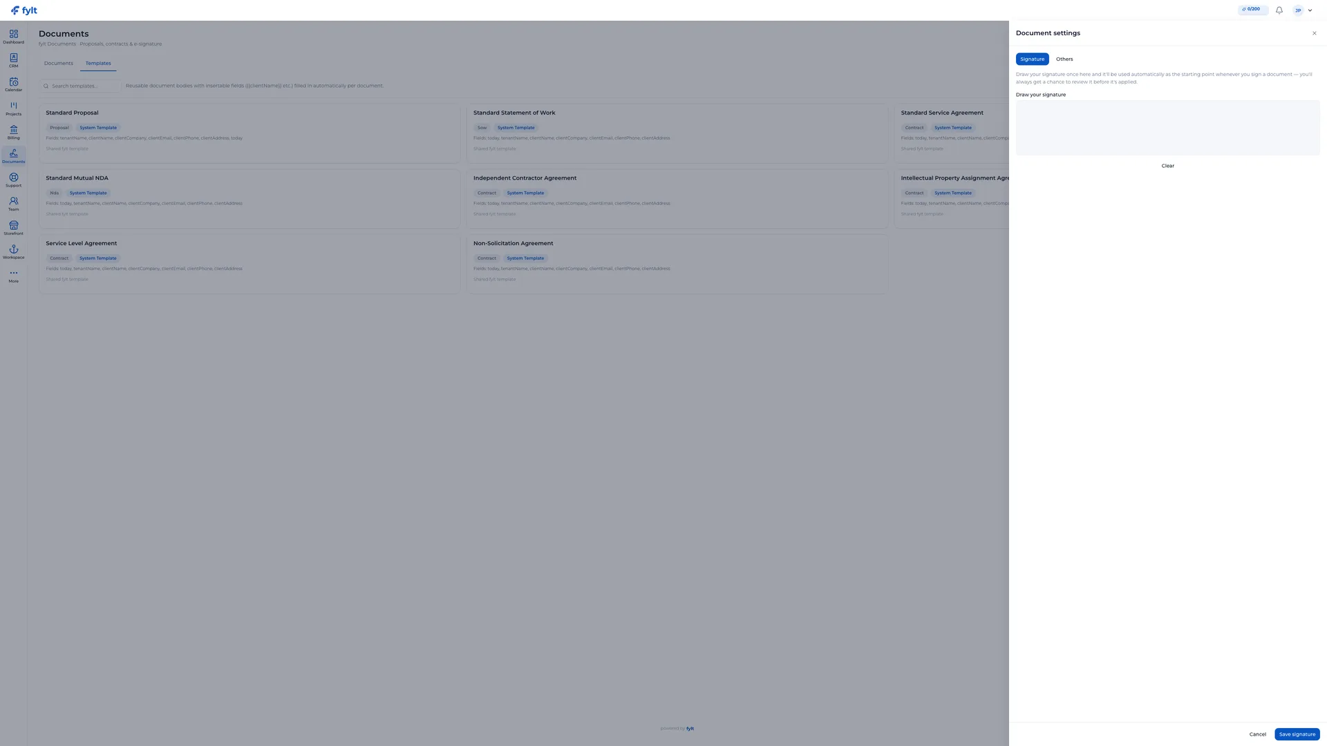 fylt Documents settings drawer with a default signature drawing area