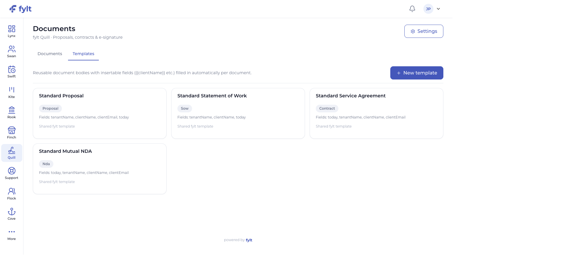 fylt Quill template library showing proposal, statement of work, service agreement, and NDA templates with insertable fields