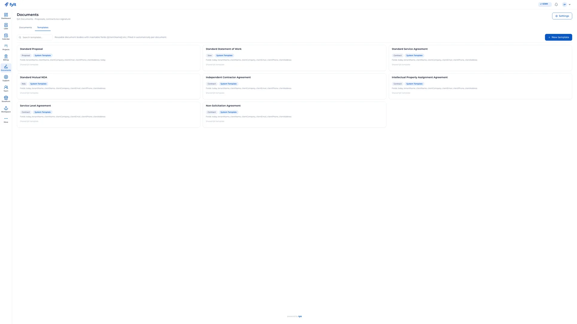 fylt Documents template library showing proposal, statement of work, service agreement, and NDA templates with insertable fields