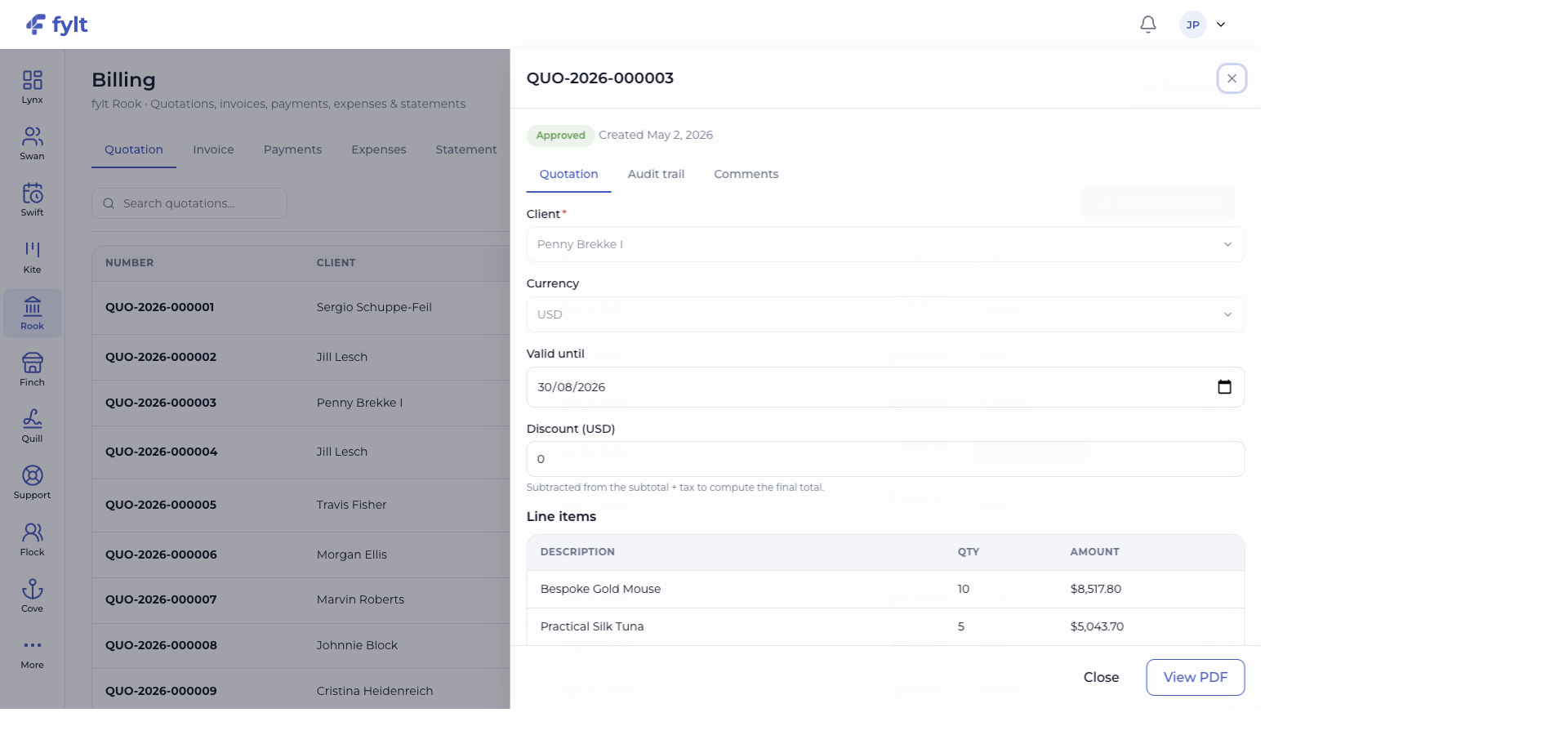 fylt Rook approved quotation drawer with client, currency, line items, client currency conversion, terms, audit trail, comments, and PDF action