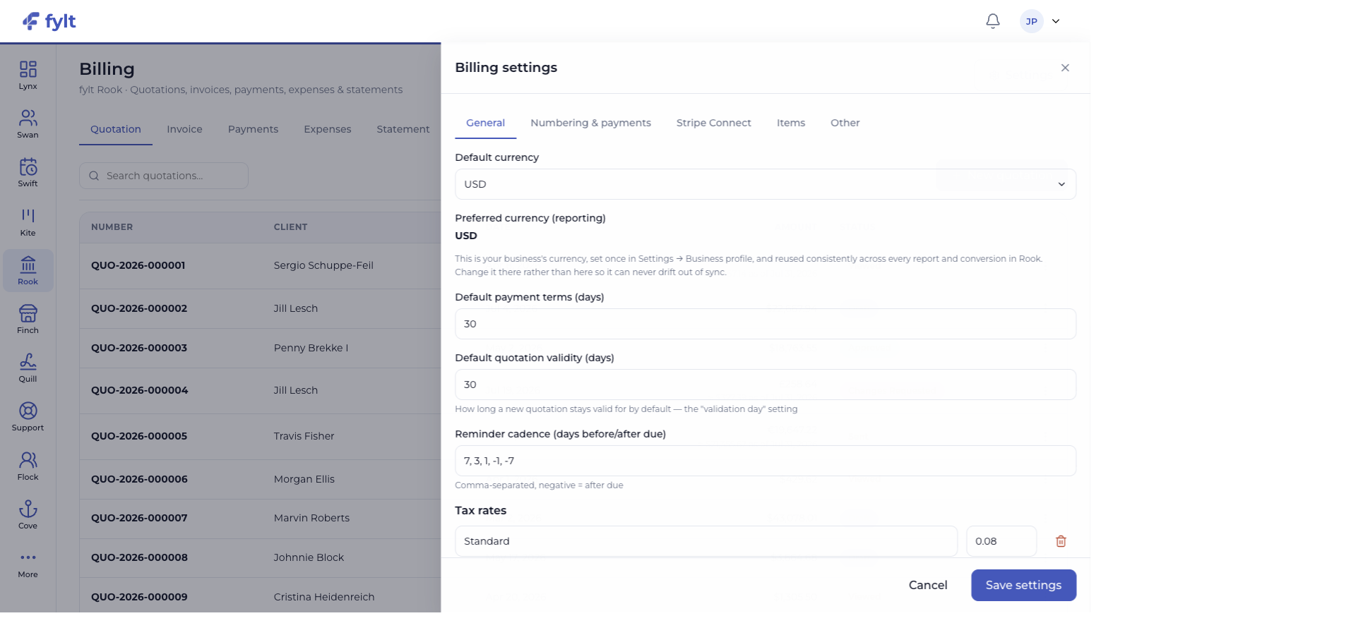 fylt Rook Billing settings drawer with general, numbering and payments, items, and other tabs