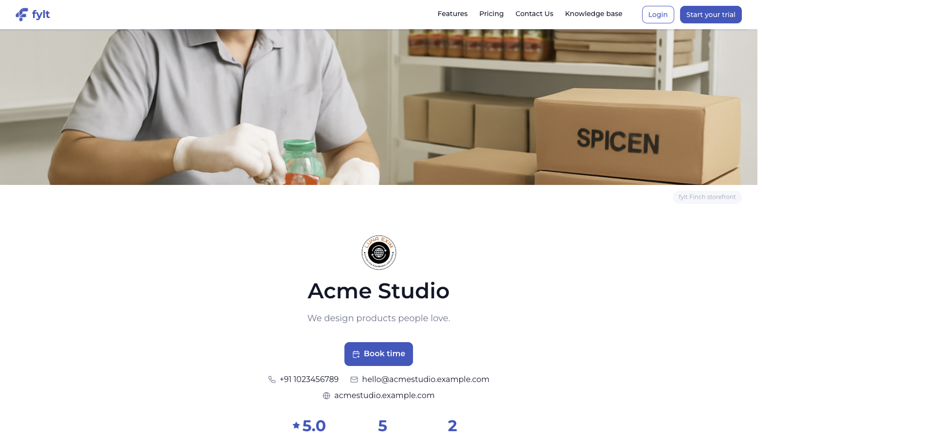 Published fylt Finch storefront with a business introduction, booking call to action, contact details, rating, and delivery proof