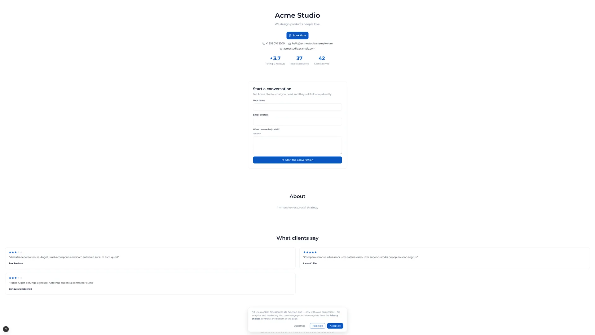 Published fylt Storefront with a business introduction, booking call to action, contact details, rating, and delivery proof