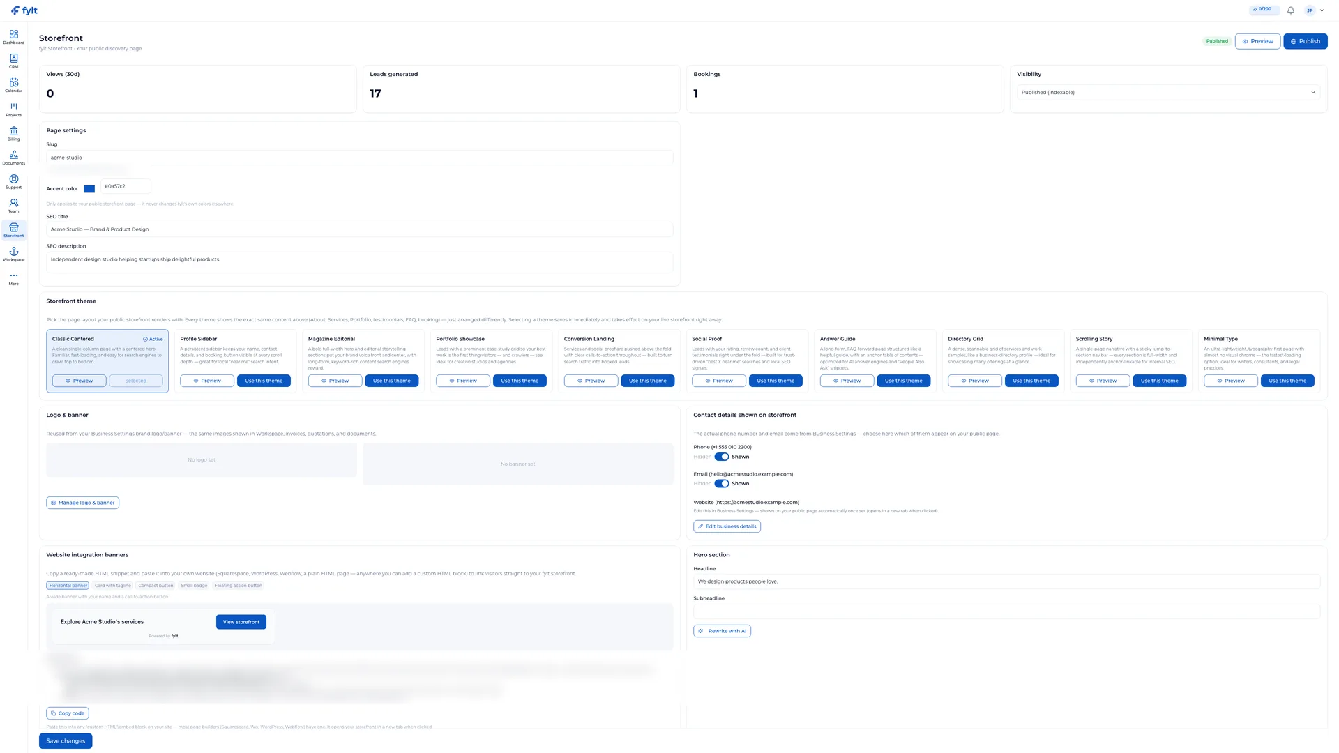 fylt Storefront configuration with performance metrics, visibility, page settings, accent color, SEO title, and description