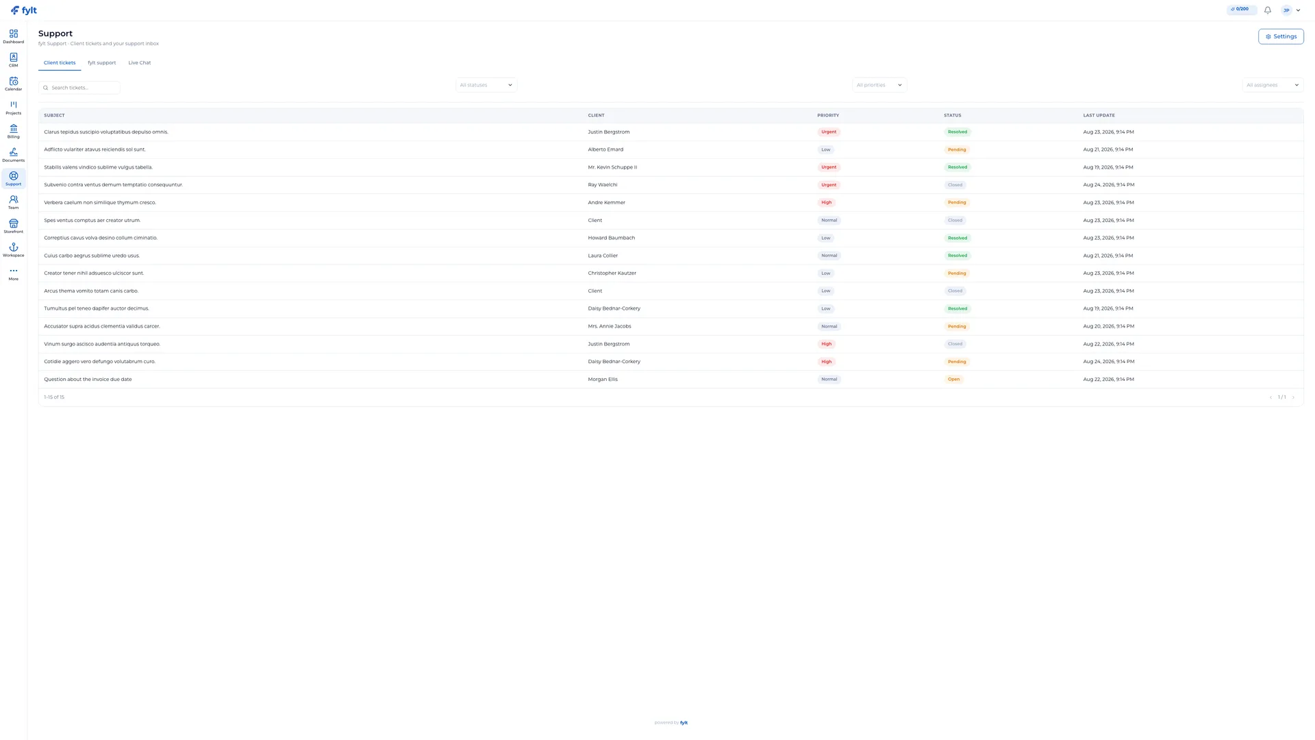 fylt Support — Client Support & Live Chat screenshot showing deliver thoughtful, organized client support — with live chat, ticketing, and real-time responses — from a unified dashboard