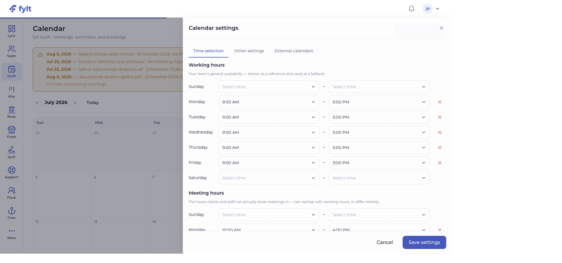 fylt Swift Calendar settings drawer showing working hours and meeting hours by weekday