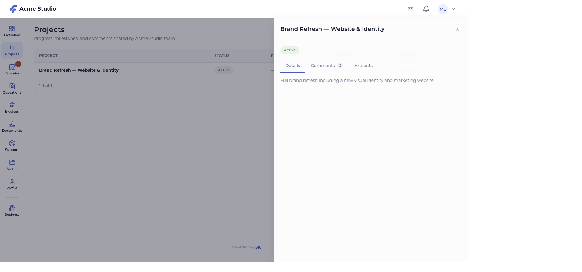 fylt Workspace client project drawer with Details, Comments, and Artifacts tabs