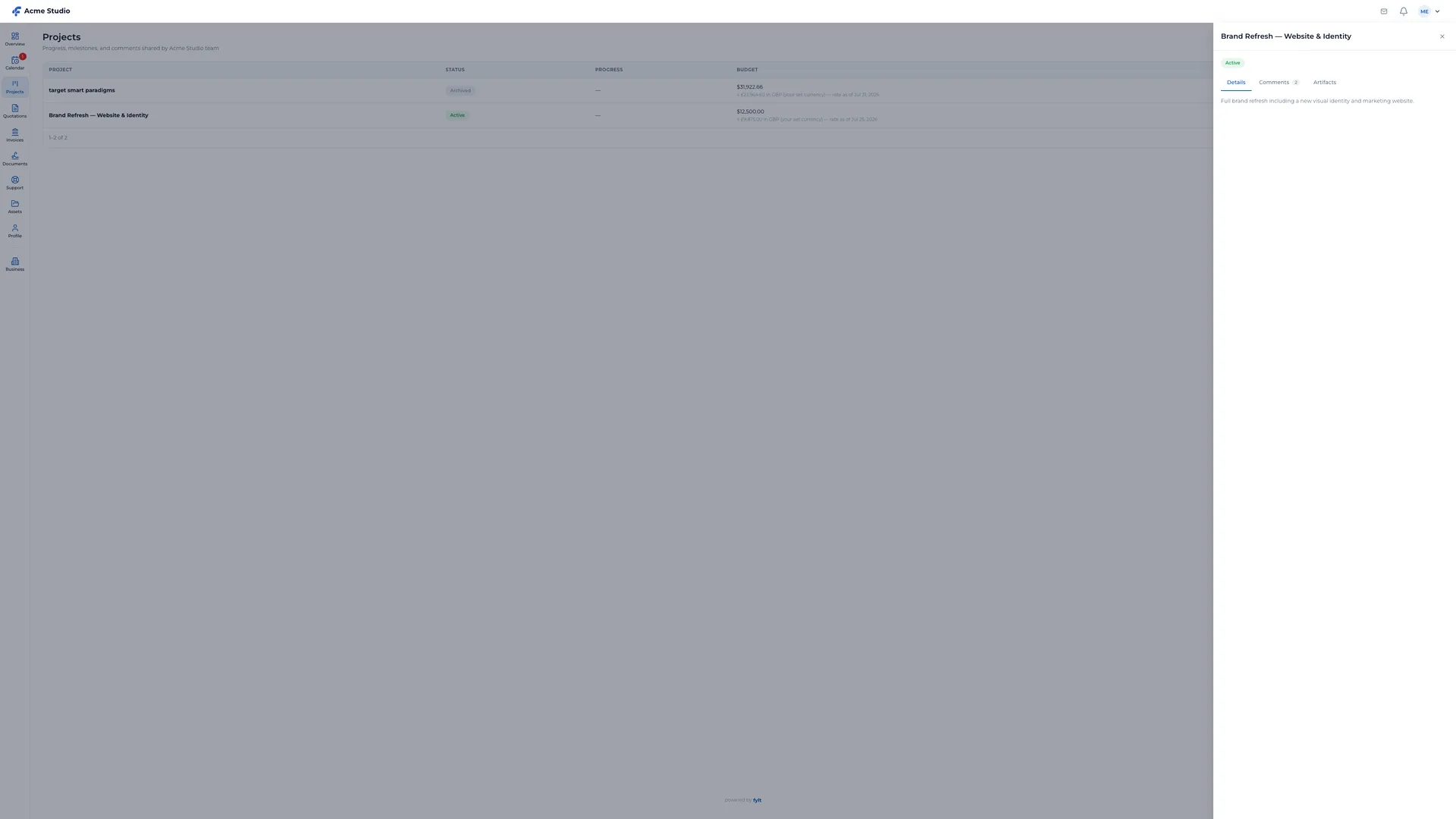 fylt Workspace client project drawer with Details, Comments, and Artifacts tabs