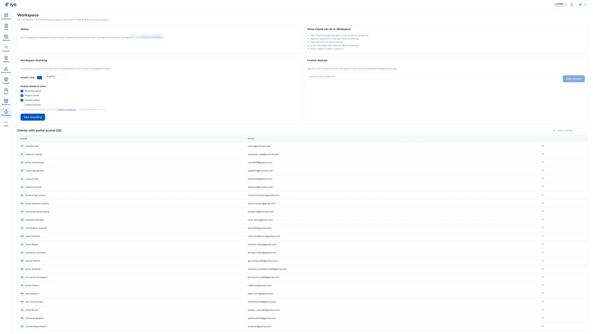 fylt Workspace — Client Portal screenshot showing give your clients a private, beautifully branded workspace portal